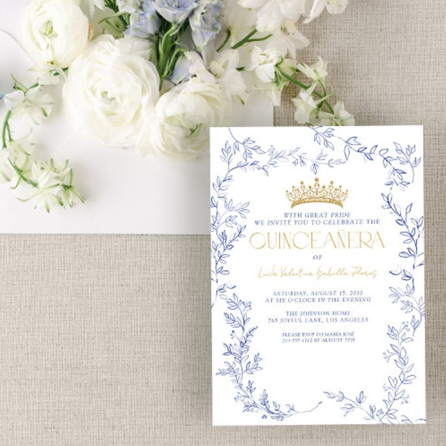 Invitation Royal Blue Gold Floral Quinceañera Quince Años (Créateur téléchargé)
