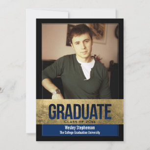 Invitation Royal Blue Gold Foil Block Effect Photo Graduation