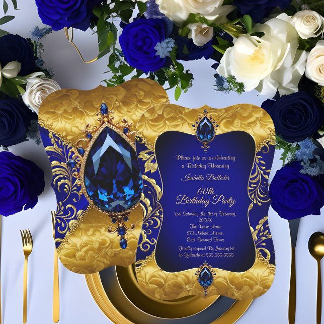 Invitation Royal Blue Gold Jewel Damask Anniversaire (Créateur téléchargé)