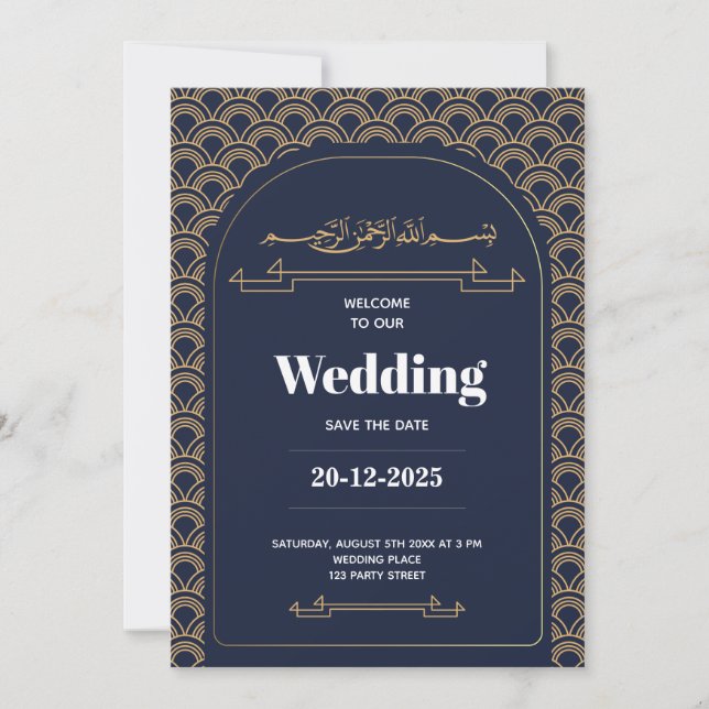 Invitation Royal Blue Gold Lace QR Code Mariage musulman (Devant)