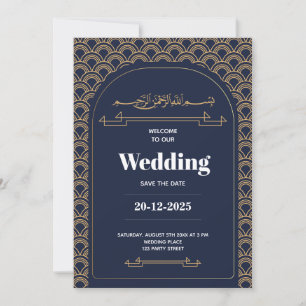 Invitation Royal Blue Gold Lace QR Code Mariage musulman