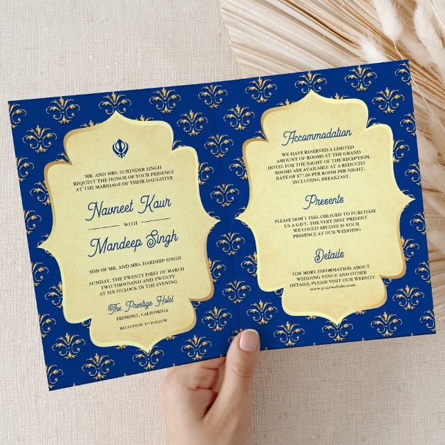 Invitation Royal Blue Gold Ornate Anand Karaj Sikh Mariage (Créateur téléchargé)