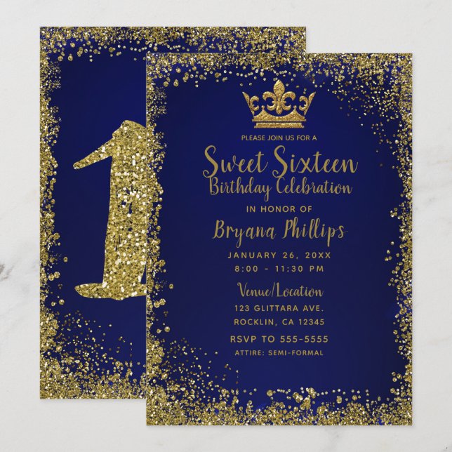 Invitation Royal Blue & Gold Parties scintillant Crown Sweet  (Devant / Derrière)