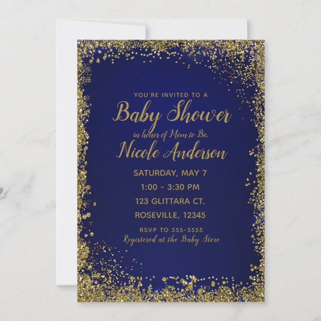 Invitation Royal Blue & Gold Parties scintillant Glam Baby sh (Devant)