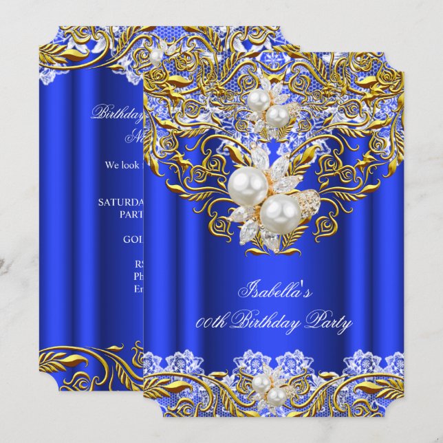 Invitation Royal Blue Gold Pearl Élégante fête d'anniversaire (Devant / Derrière)