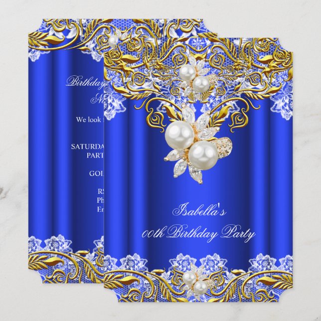 Invitation Royal Blue Gold Pearl Élégante fête d'anniversaire (Devant / Derrière)
