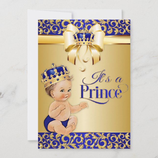 Invitation Royal Blue & Gold Prince Baby shower Crown (Devant)