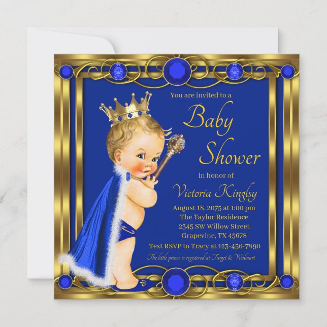 Invitation Royal Blue Gold Prince Jewel Baby shower (Devant)