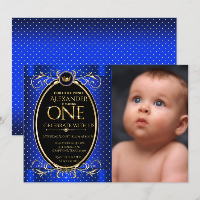 Invitation Royal Blue Gold Prince Photo fête d'anniversaire (Devant / Derrière)