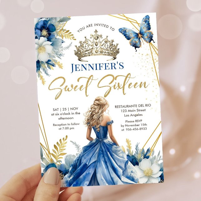 Invitation Royal Blue Gold Princess Tiara Floral Sweet 16 (Créateur téléchargé)