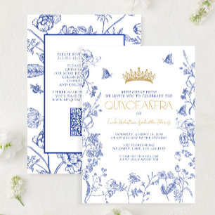 Invitation Royal Blue Gold QR Floral Butterfly Quinceañera
