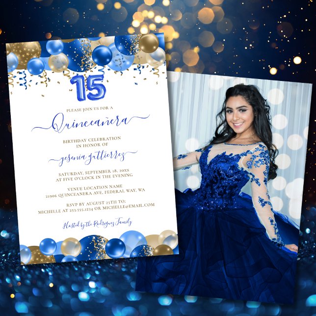 Invitation Royal Blue Gold Quinceañera Ballotte Photo (Royal Blue Gold Quinceañera Balloon Photo Invitation)