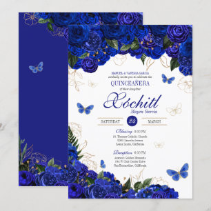 Invitation Royal Blue Gold Rose Butterfly Elegant Quinceanera