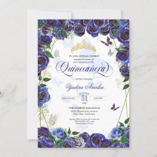 Invitation Royal Blue Gold Rose Élégant papillon Quinceanera