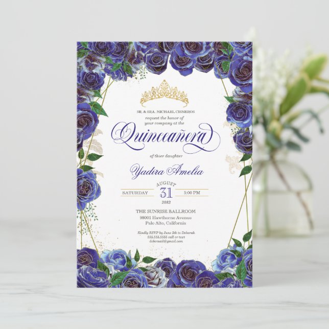 Invitation Royal Blue Gold Rose Elegant Quince Quinceanera (Debout devant)