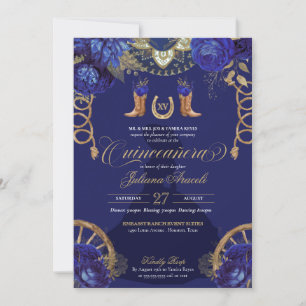 Invitation Royal Blue Gold Roses Charro Western Quinceanera