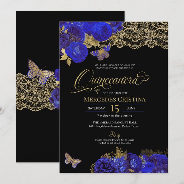 Invitation Royal Blue & Gold Roses dentelle papillon Quinceañ (Devant / Derrière)
