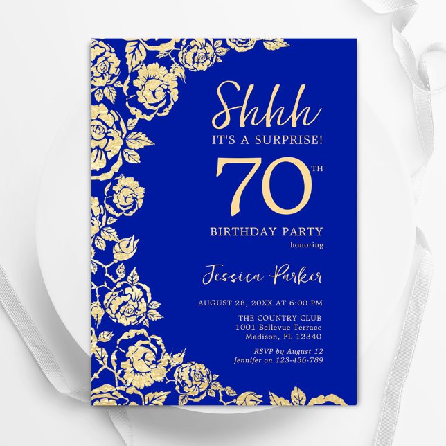 Invitation Royal Blue Gold Roses Surprise 70e anniversaire (Créateur téléchargé)