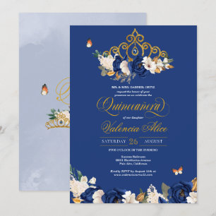 Invitation Royal Blue Gold Roses Tiara Butterfly Quinceañera