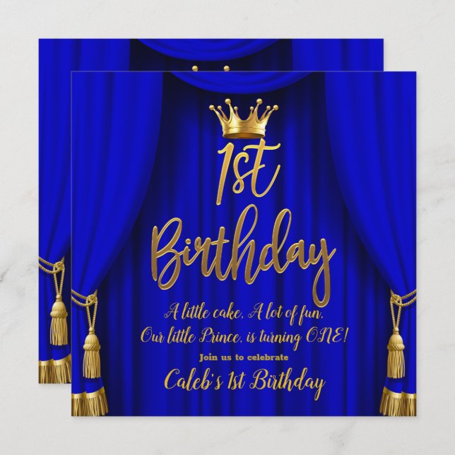 Invitation Royal Blue & Gold Royal Crown Prince 1er anniversa (Devant / Derrière)