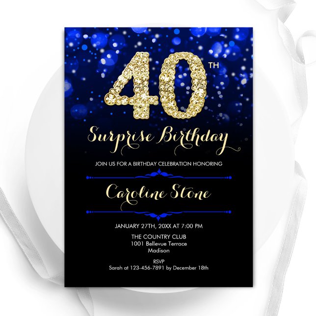 Invitation Royal Blue Gold Surprise 40e anniversaire (Créateur téléchargé)
