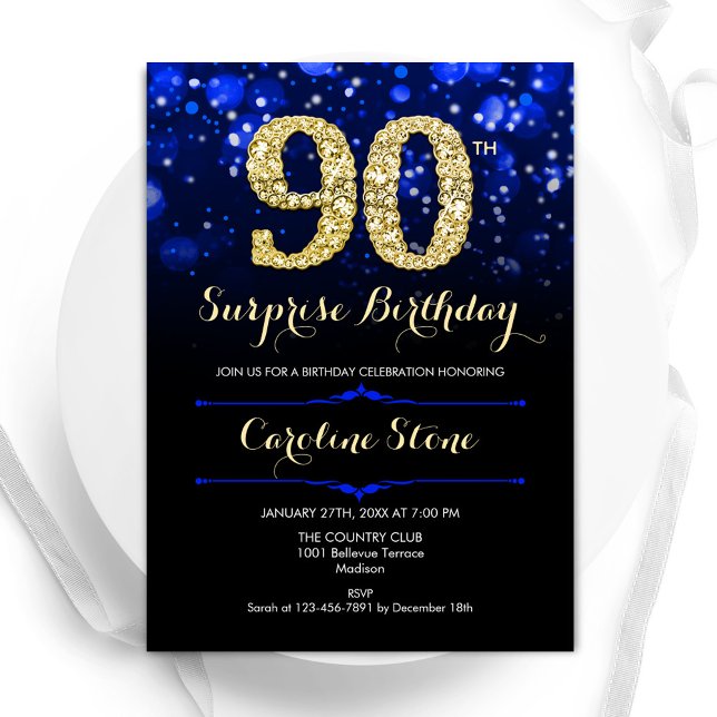 Invitation Royal Blue Gold Surprise 90e anniversaire (Créateur téléchargé)