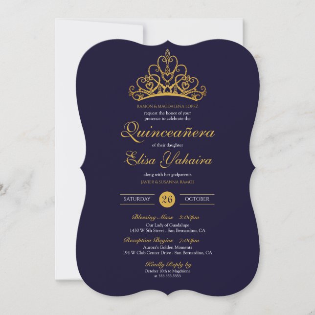 Invitation Royal Blue Gold Tiara Couronne élégante Quinceañer (Devant)