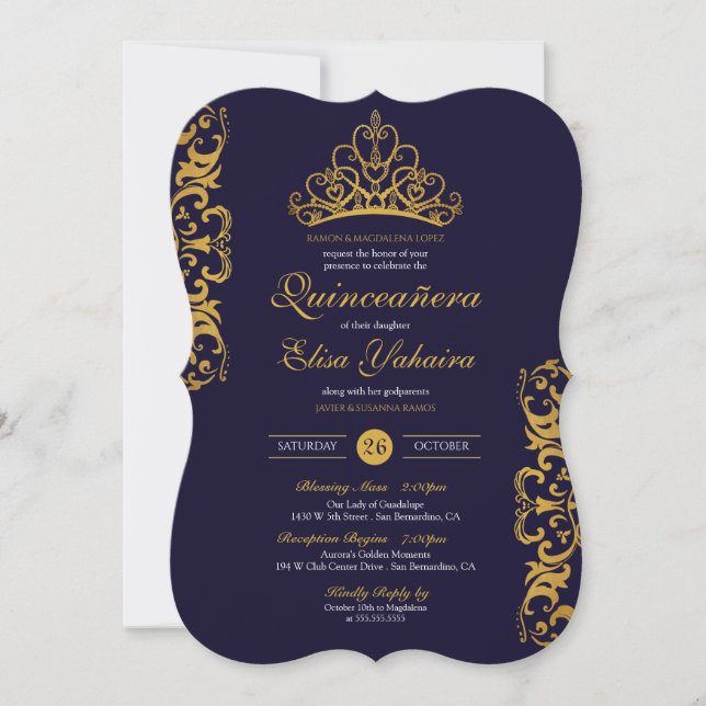 Invitation Royal Blue & Gold Tiara Crown Elegant Quinceañera (Devant)