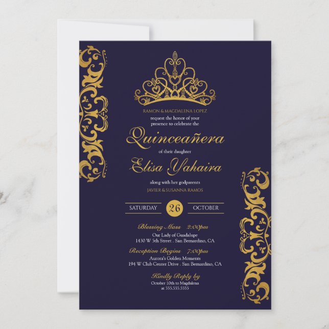 Invitation Royal Blue & Gold Tiara Crown Elegant Quinceañera (Devant)