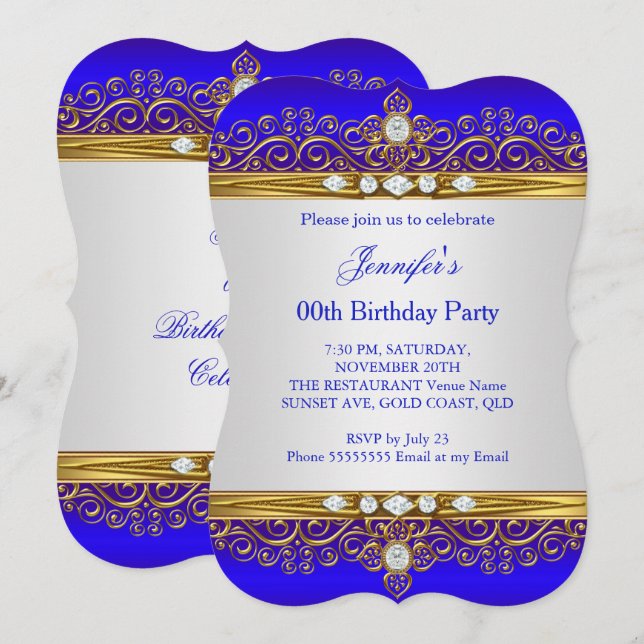 Invitation Royal Blue Gold White Diamond Anniversaire Party 2 (Devant / Derrière)