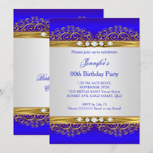 Invitation Royal Blue Gold White Diamond fête d'anniversaire