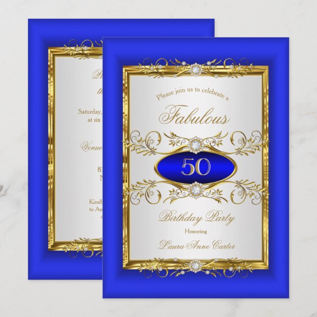 Invitation Royal Blue Gold White Diamond fête d'anniversaire (Devant / Derrière)