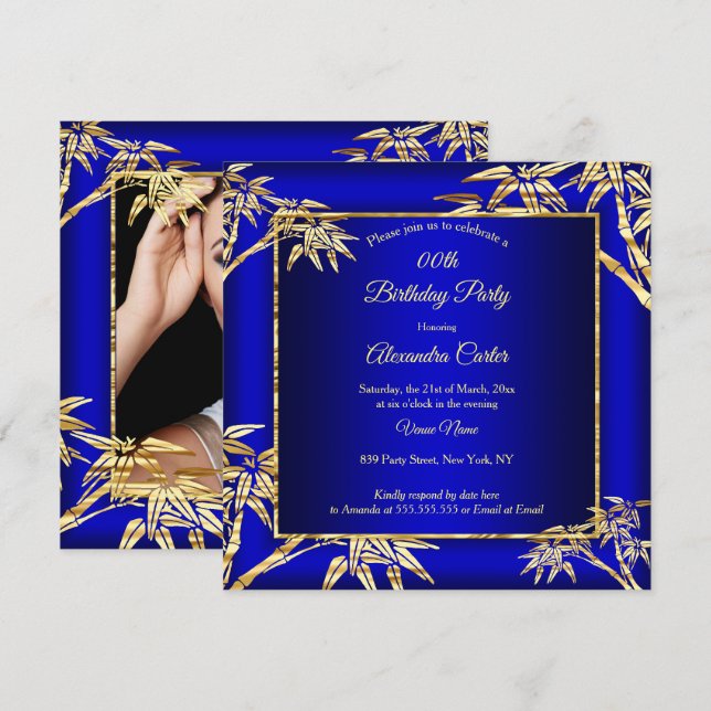 Invitation Royal Blue Golden Bamboo photo fête d'anniversaire (Devant / Derrière)