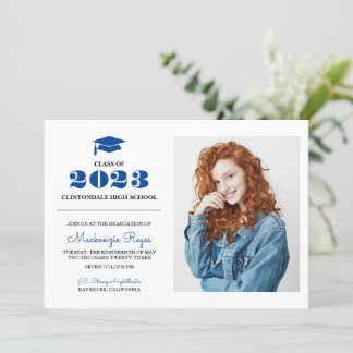Invitation Royal Blue Grad Casquette - Simple Photo Graduatio