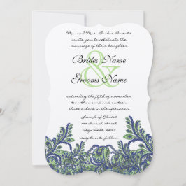 Invitation Royal Blue Green Feathery Paisley Peacock Mariage