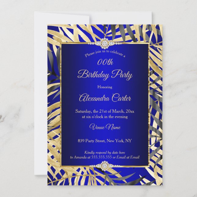 Invitation Royal Blue Grey Gold Palms Diamond Anniversaire (Devant)