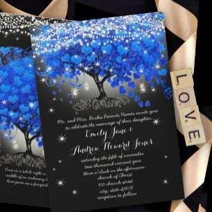 Invitation Royal Blue Heart Leaf Tree Mason Jar sur noir