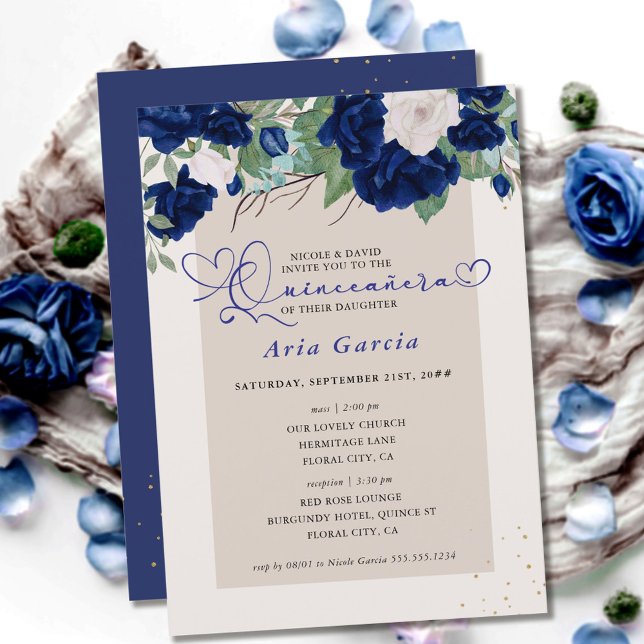 Invitation Royal Blue Ivory Floral Roses Quinceanera et messe (Créateur téléchargé)