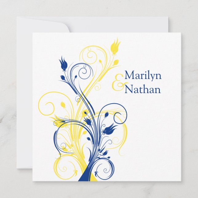 Invitation Royal Blue, Jaune, Blanc Floral Mariage Inviter (Devant)