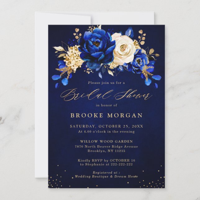 Invitation Royal Blue Jaune or Fête des mariées florale Invit (Devant)