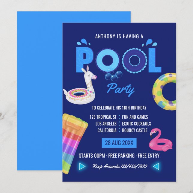 Invitation Royal Blue Llama Flamant rose piscine fête d'anniv (Devant / Derrière)