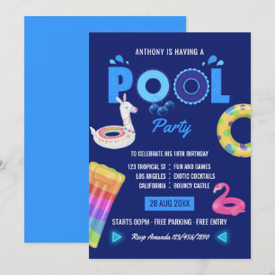 Invitation Royal Blue Llama Flamant rose piscine fête d'anniv
