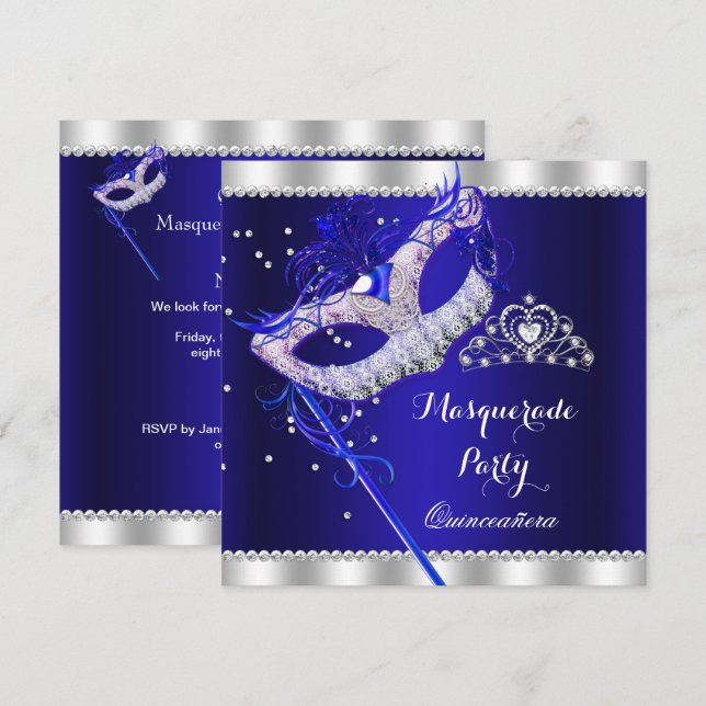 Invitation Royal Blue Masquerade Quinceanera Party (Devant / Derrière)