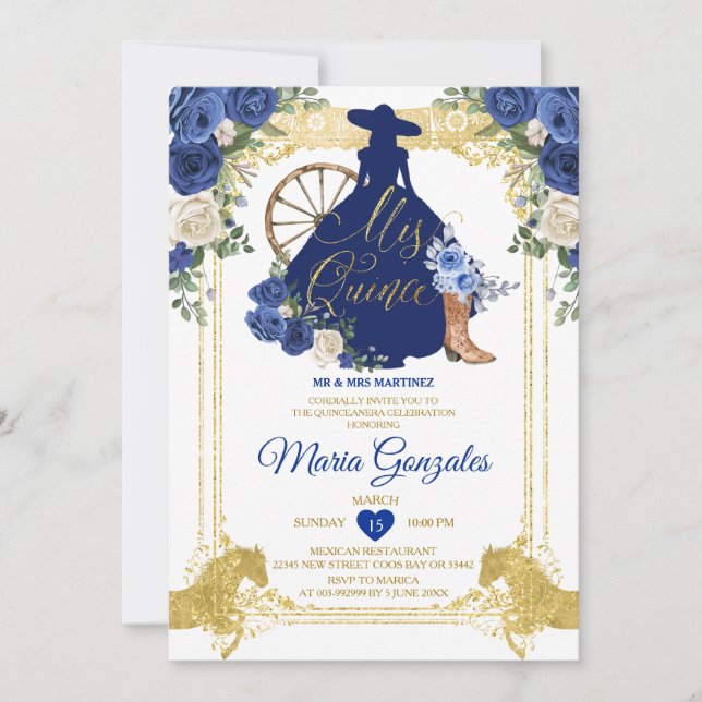 Invitation Royal Blue Mis Quince 15 Anos Gold Parties scintil (Devant)