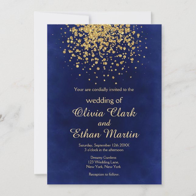 Invitation Royal Blue moderne avec Gold Confetti (Devant)