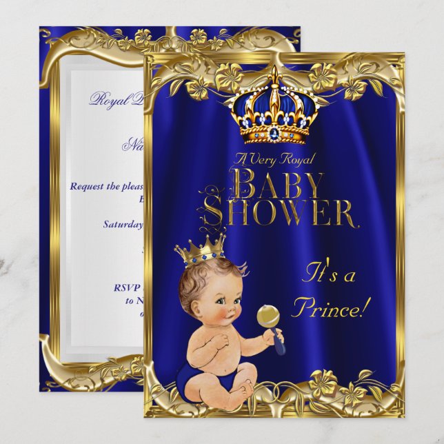Invitation Royal Blue Navy Gold Prince Baby shower Brunette (Devant / Derrière)