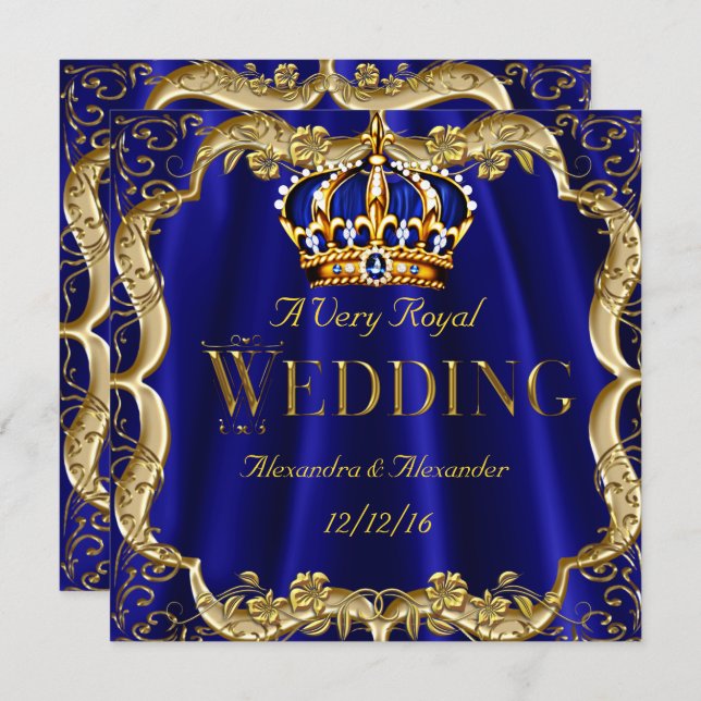 Invitation Royal Blue Navy Mariage Gold Crown (Devant / Derrière)