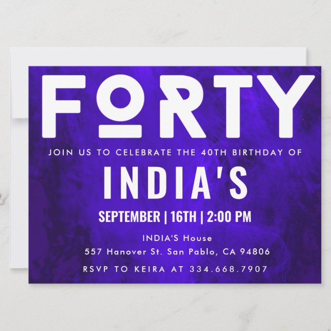 Invitation Royal Blue Neon 40e anniversaire (Devant)