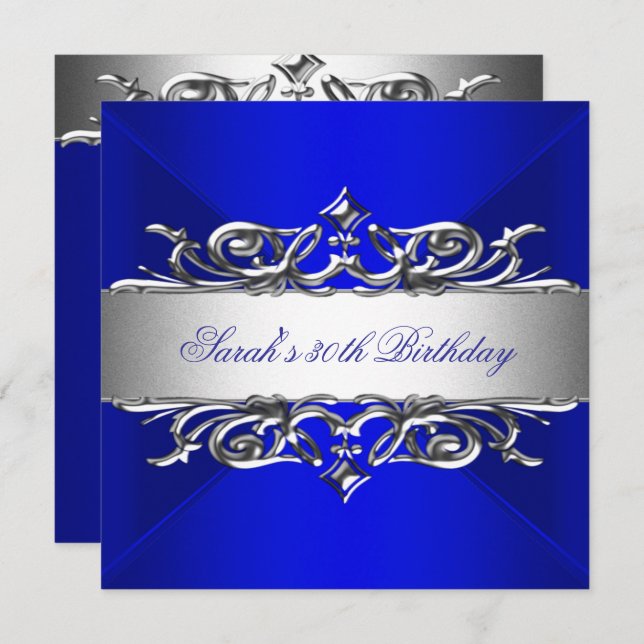Invitation Royal Blue On Silver 30th Birthday Party (Devant / Derrière)