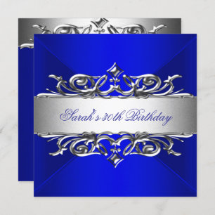 Invitation Royal Blue On Silver 30th Birthday Party